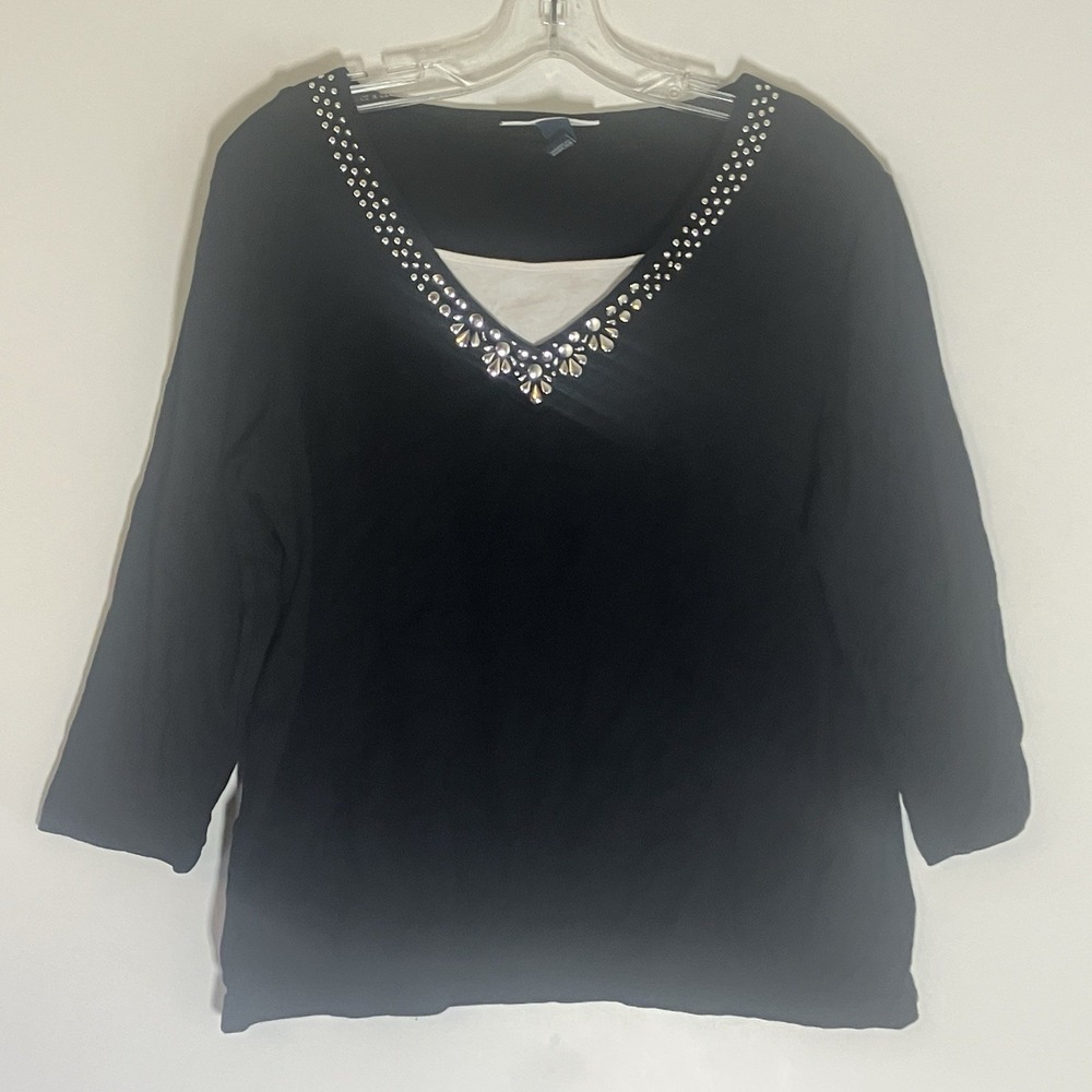 Karen‎ Scott Shirt Womens Large Black Silver Accents V Neck 3/4 Sleeve Stretch L
